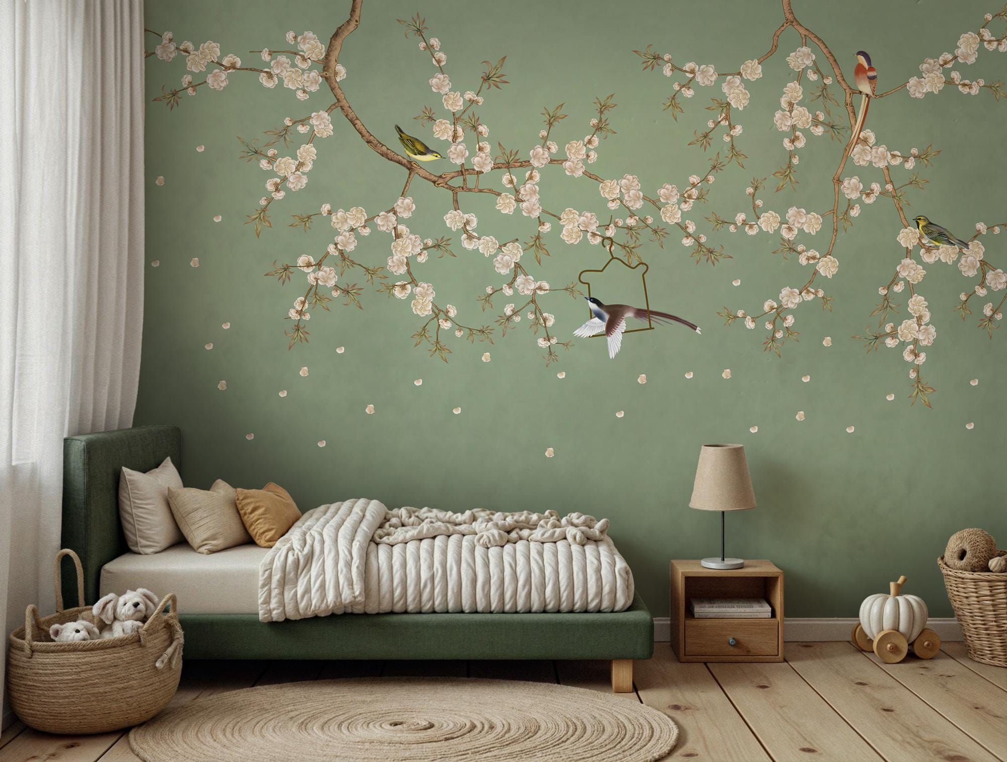 Vintage Chinoiserie Wall Mural: Birds & Floral Peel and Stick Wallpaper - View 6