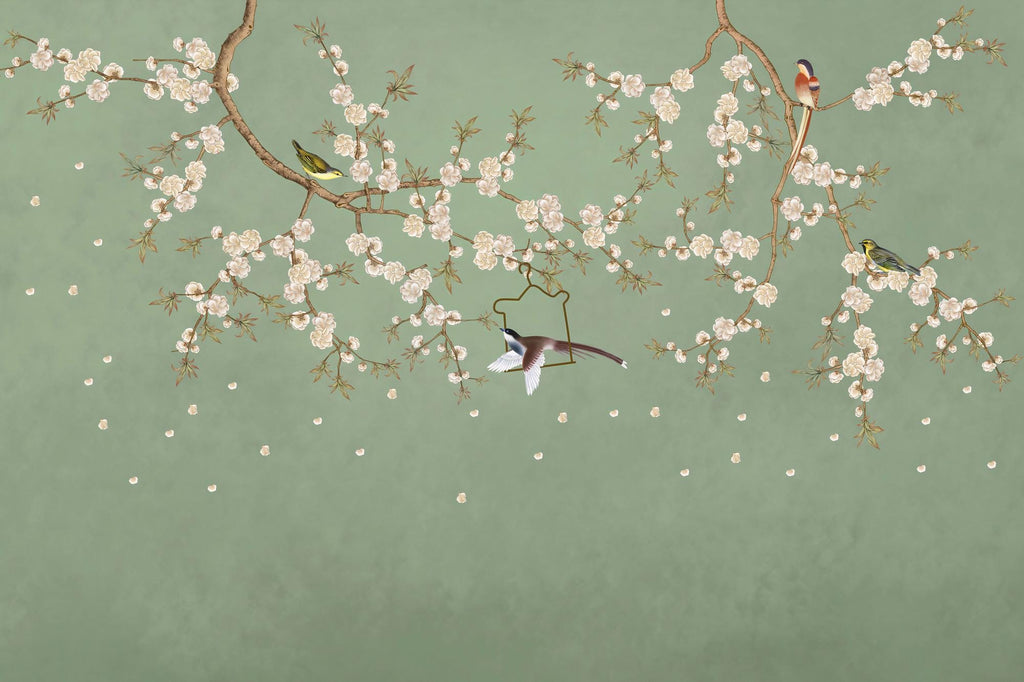 Vintage Chinoiserie Wall Mural: Birds & Floral Peel and Stick Wallpaper - View 7