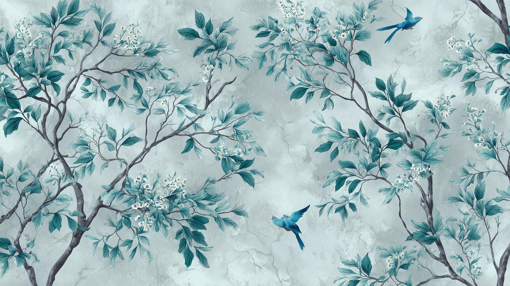 Teal Chinoiserie Wallpaper Mural: Botanical Floral Peel and Stick Wall Mural - View 7
