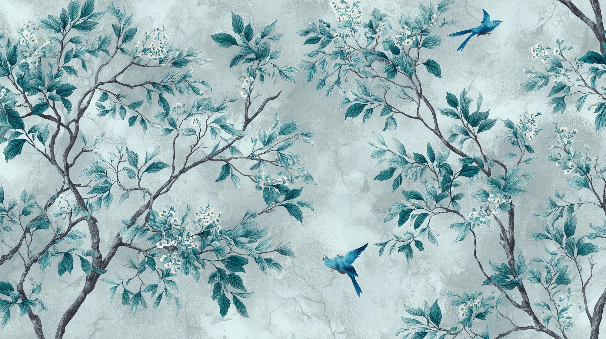 Teal Chinoiserie Wallpaper Mural: Botanical Floral Peel and Stick Wall Mural - View 7