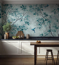 Teal Chinoiserie Wallpaper Mural: Botanical Floral Peel and Stick Wall Mural