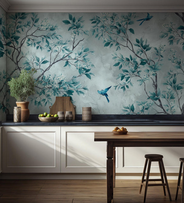 Teal Chinoiserie Wallpaper Mural: Botanical Floral Peel and Stick Wall Mural
