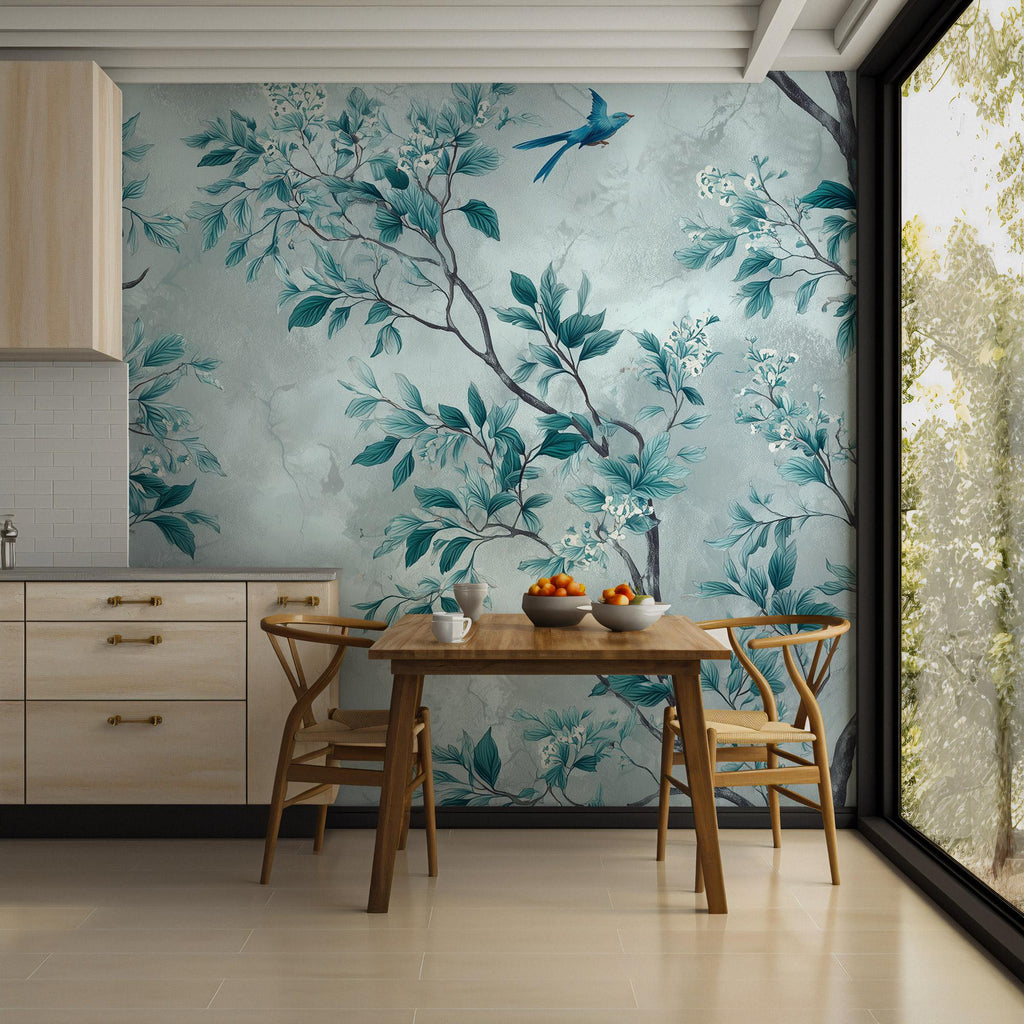 Teal Chinoiserie Wallpaper Mural: Botanical Floral Peel and Stick Wall Mural - View 4