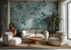 Teal Chinoiserie Wallpaper Mural: Botanical Floral Peel and Stick Wall Mural - View 6