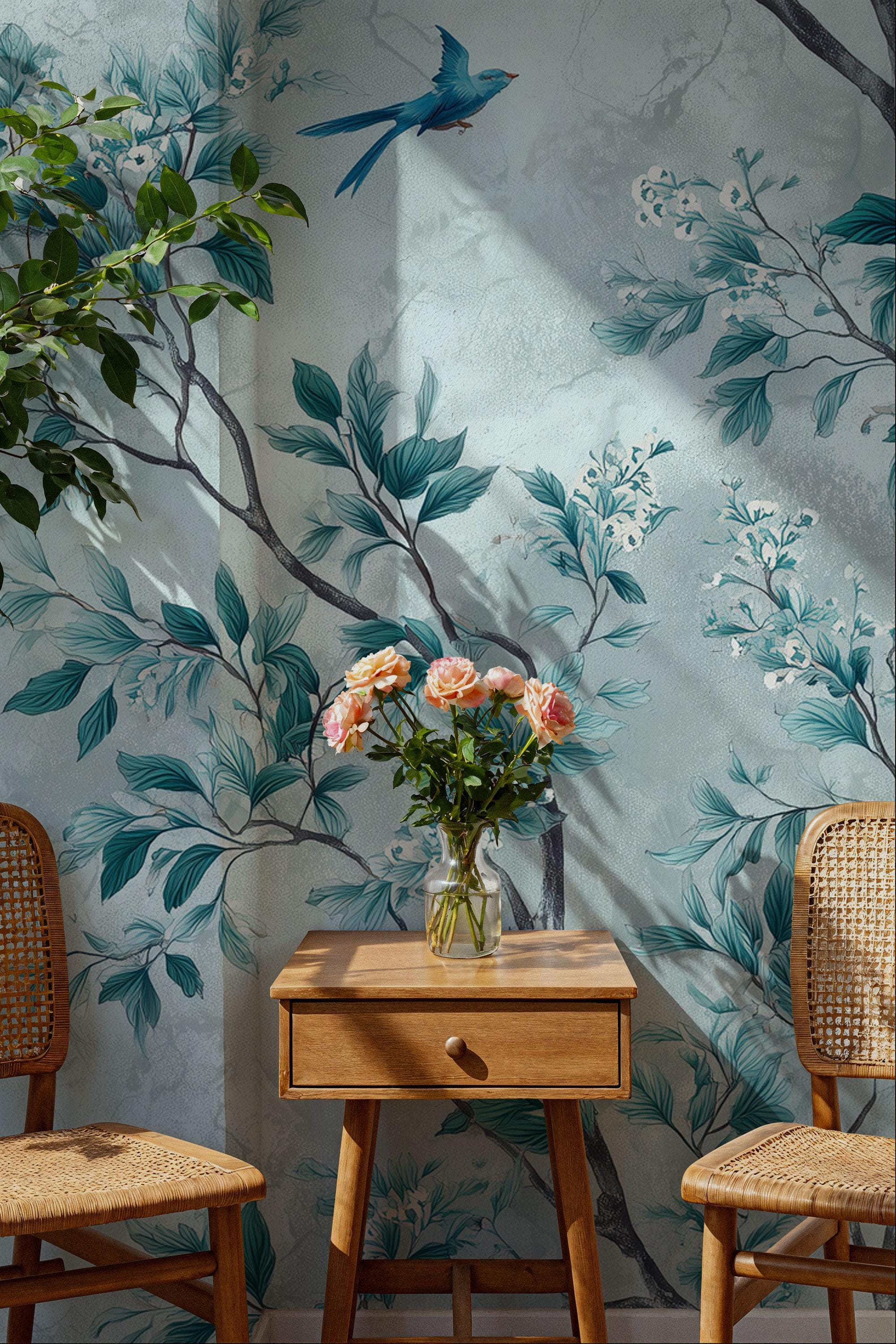 Teal Chinoiserie Wallpaper Mural: Botanical Floral Peel and Stick Wall Mural - View 2