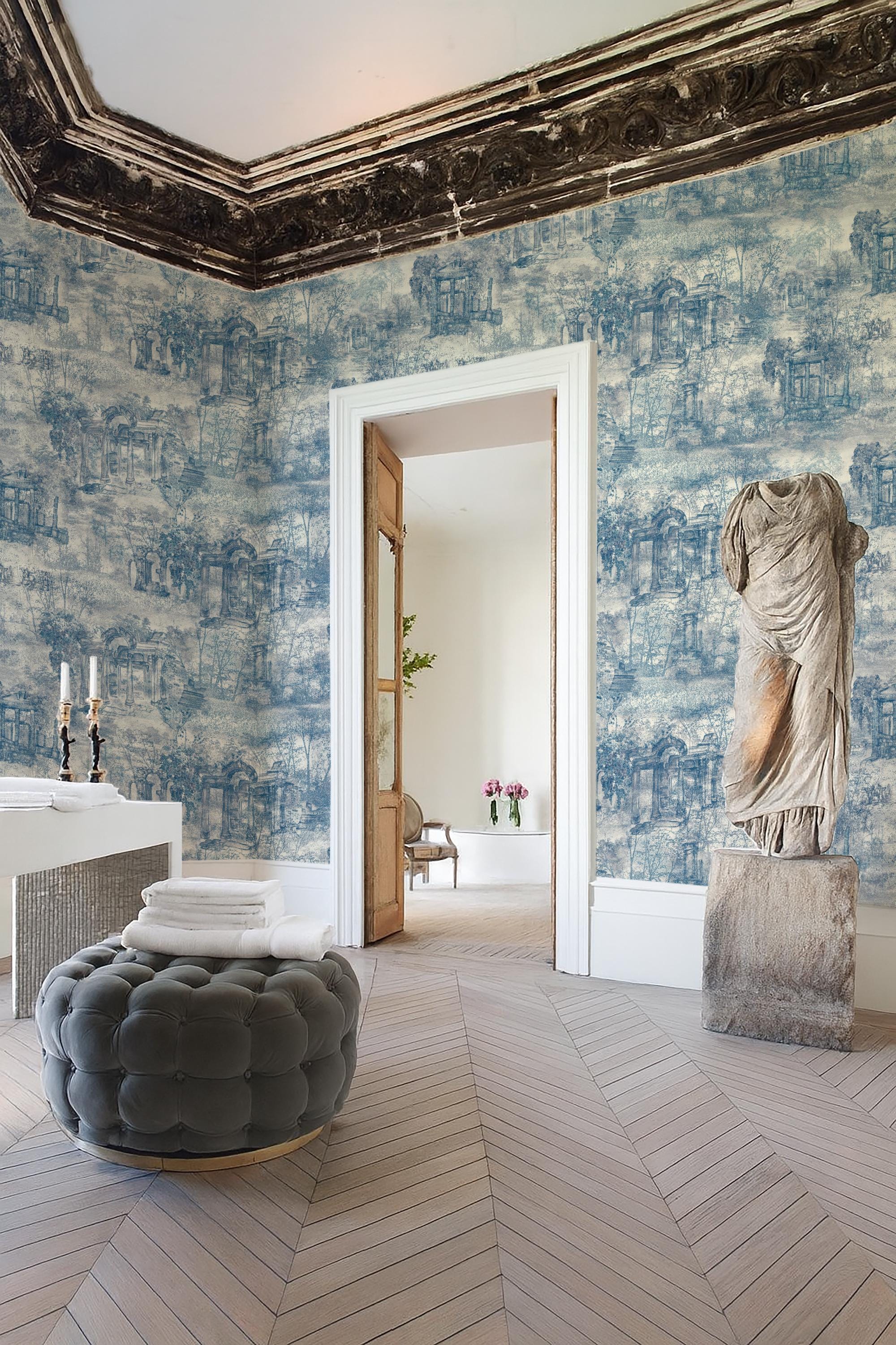 Blue Toile de Jouy Wallpaper: French Country Landscape Peel and Stick Mural - View 3