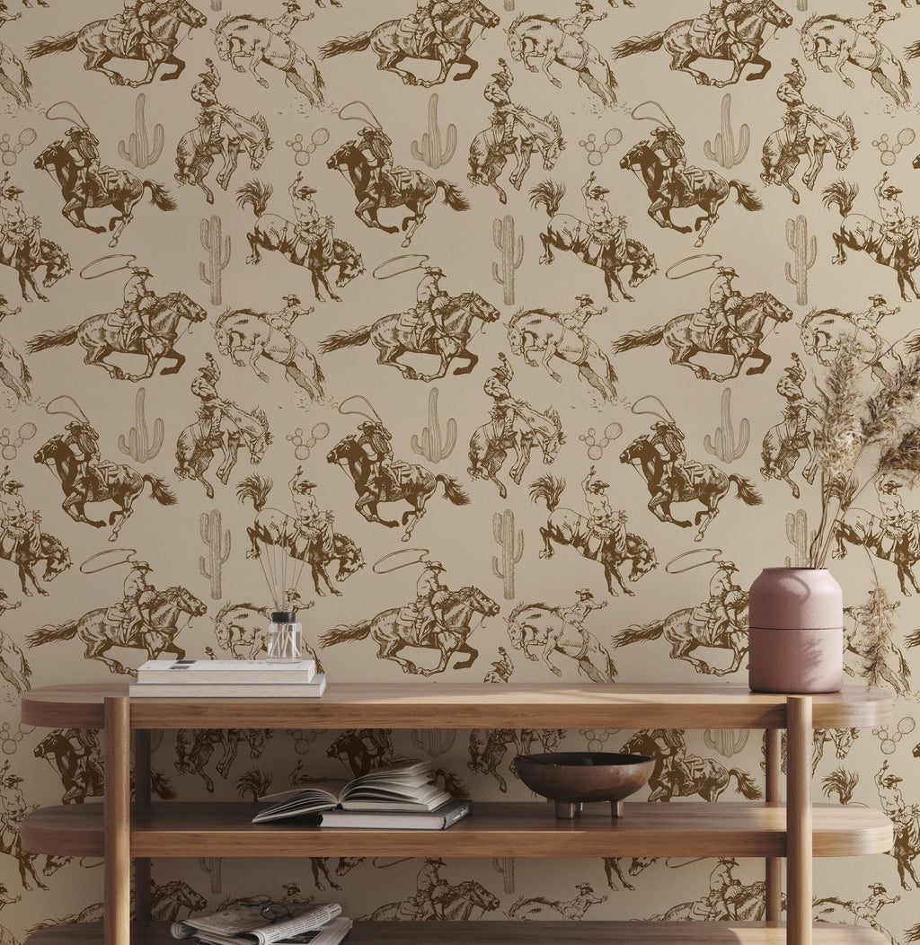 Western Cowboy Peel and Stick Wallpaper: Horse & Cactus Rodeo Mural