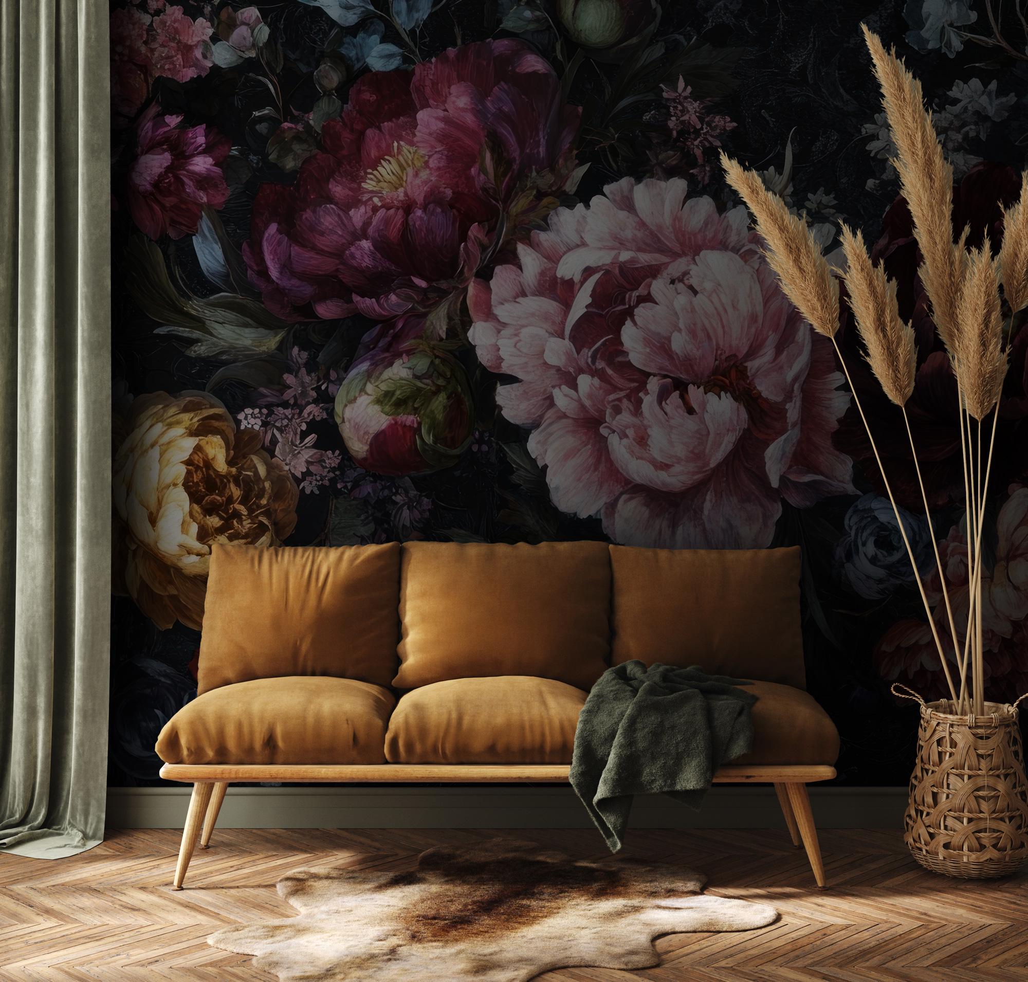 Dark Peony Floral Wall Mural: Bold Botanical Peel and Stick Wallpaper - View 2