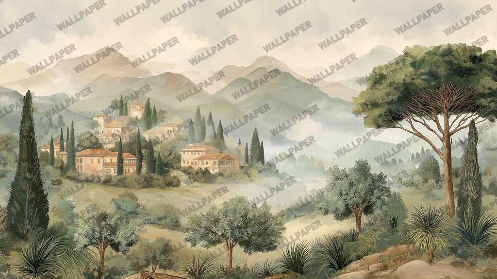 Vintage Countryside Landscape Wall Mural: Pastoral Scene Peel and Stick Wallpaper - View 5