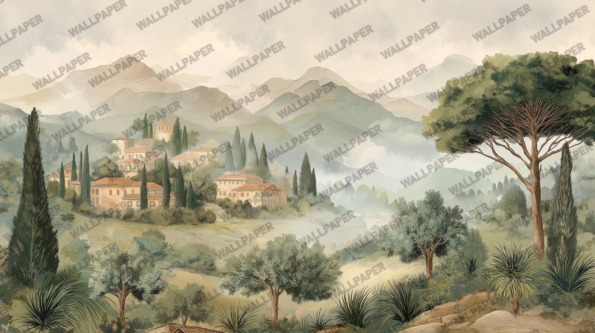Vintage Countryside Landscape Wall Mural: Pastoral Scene Peel and Stick Wallpaper - View 5