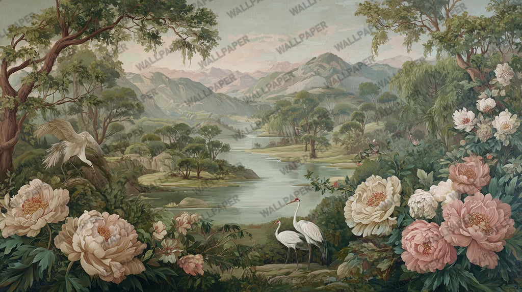 Chinoiserie Floral River Wall Mural – Scenic Landscape Peel and Stick Wallpaper - View 5