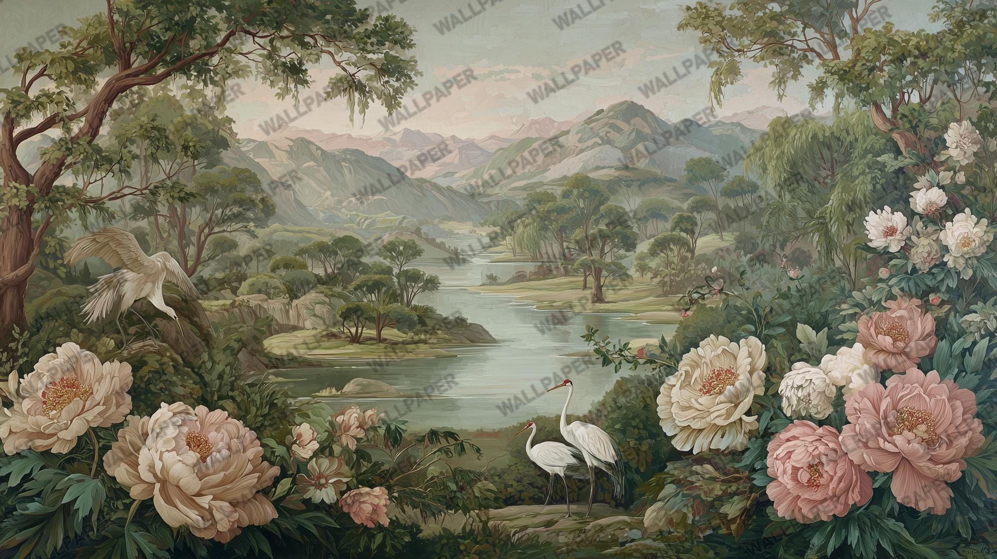 Chinoiserie Floral River Wall Mural – Scenic Landscape Peel and Stick Wallpaper - View 5