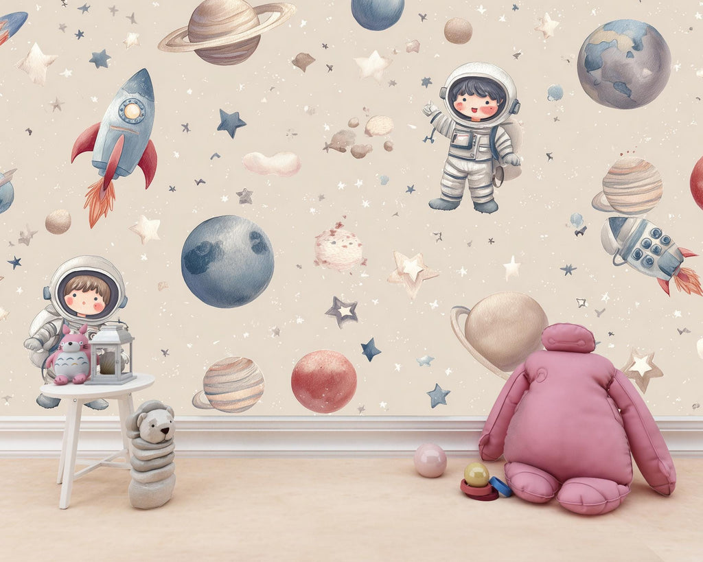 Astronaut Kids Wallpaper: Peel and Stick Galaxy Nursery Wall Mural - View 3