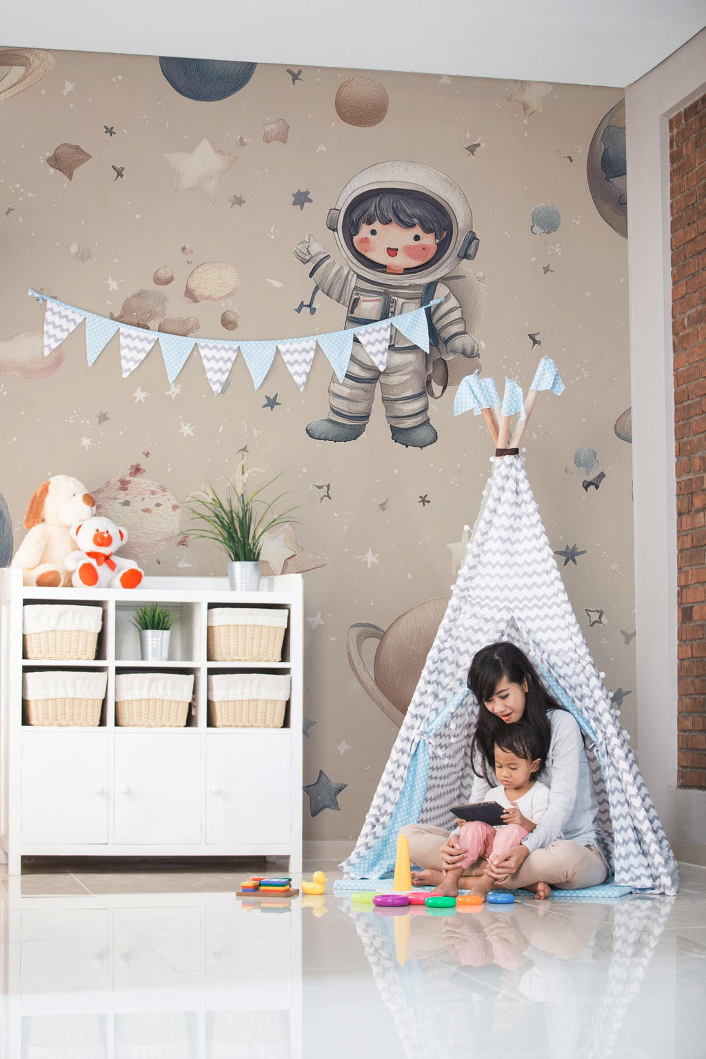 Astronaut Kids Wallpaper: Peel and Stick Galaxy Nursery Wall Mural - View 2