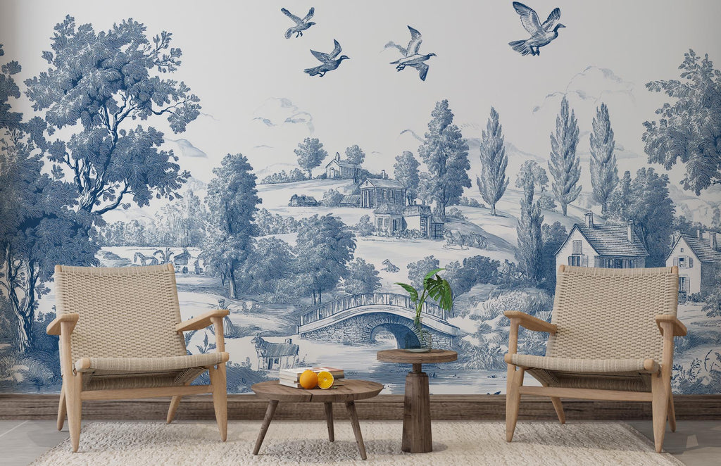 Blue Toile de Jouy Wallpaper: Vintage French Countryside Peel & Stick Mural