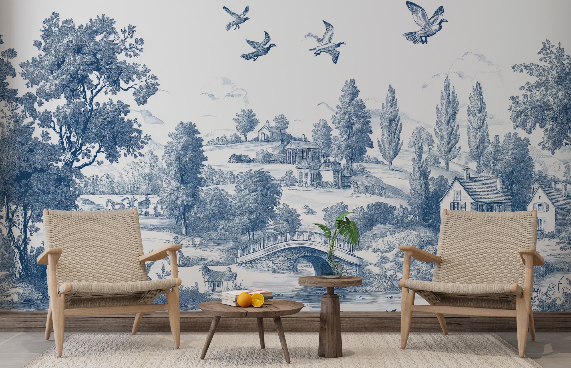 Blue Toile de Jouy Wallpaper: Vintage French Countryside Peel & Stick Mural