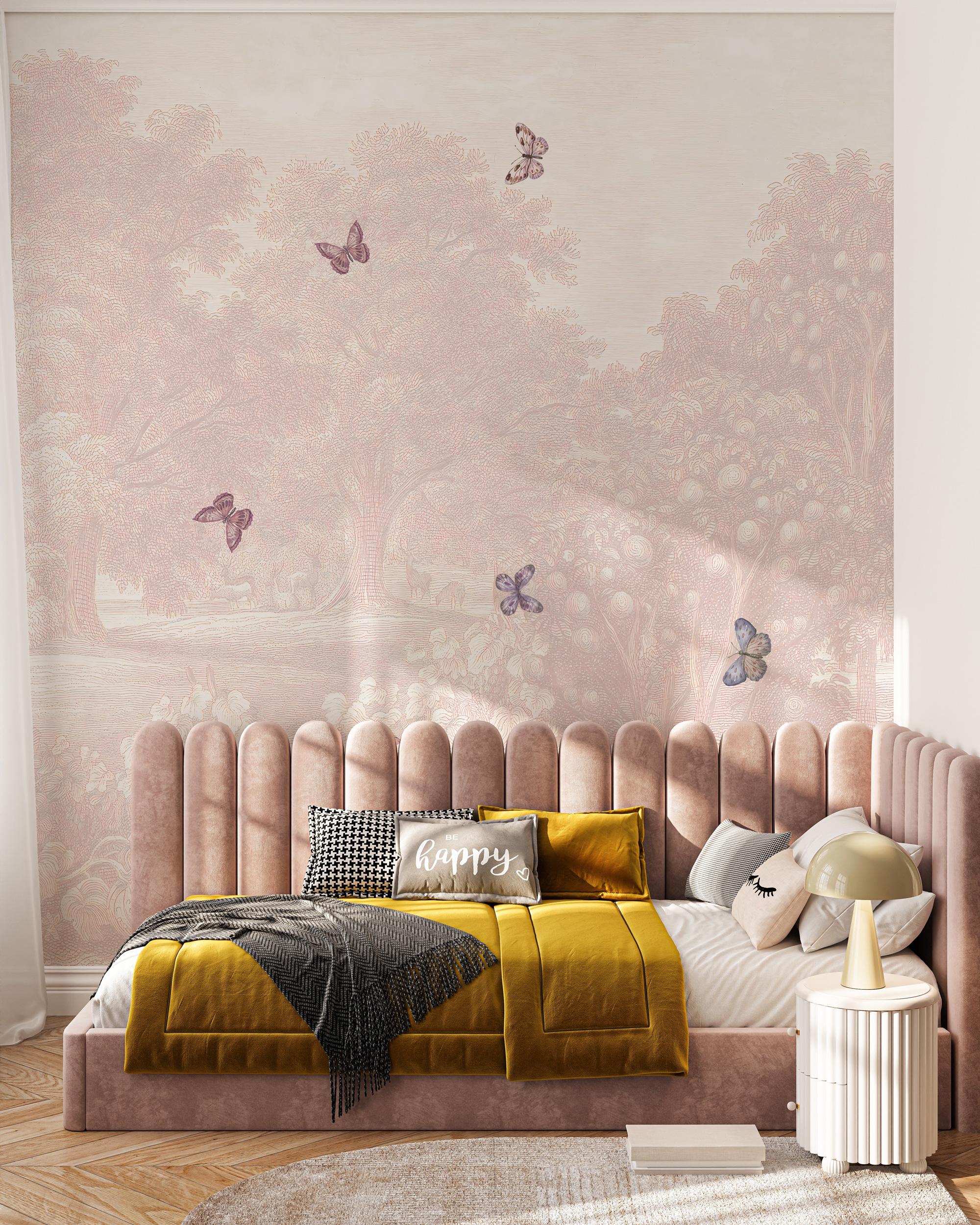 Pastel Butterfly Nursery Mural: Soft Pink Scenic Wallpaper - View 4