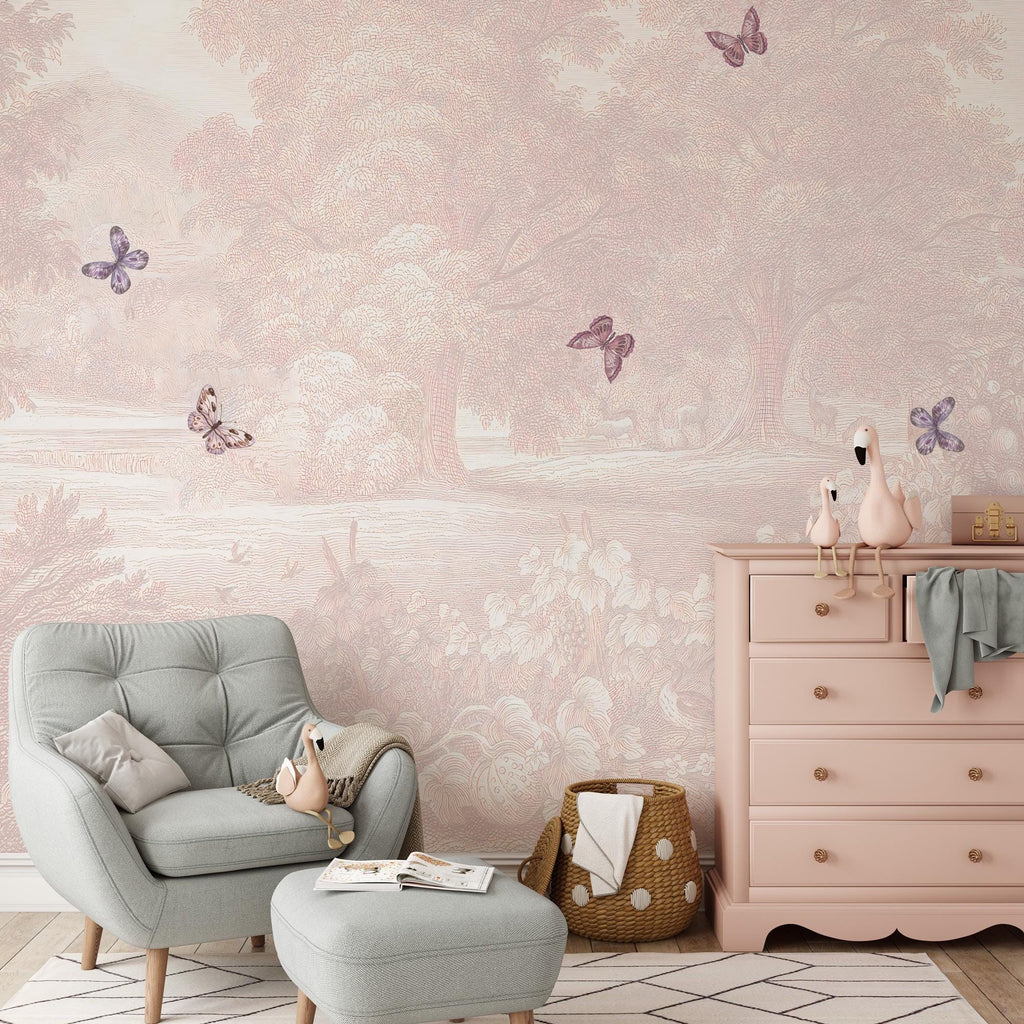 Pastel Butterfly Nursery Mural: Soft Pink Scenic Wallpaper - View 5
