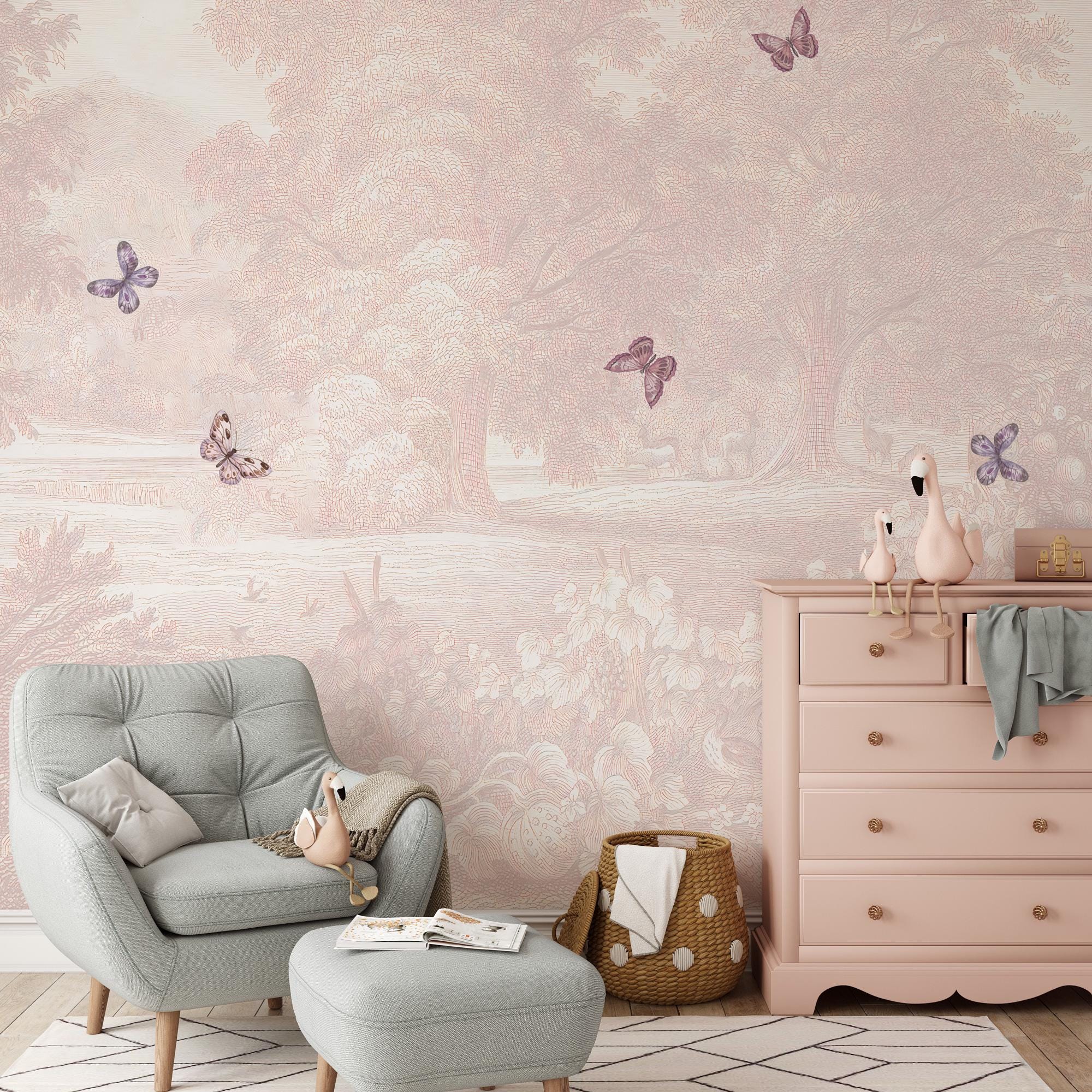Pastel Butterfly Nursery Mural: Soft Pink Scenic Wallpaper - View 5