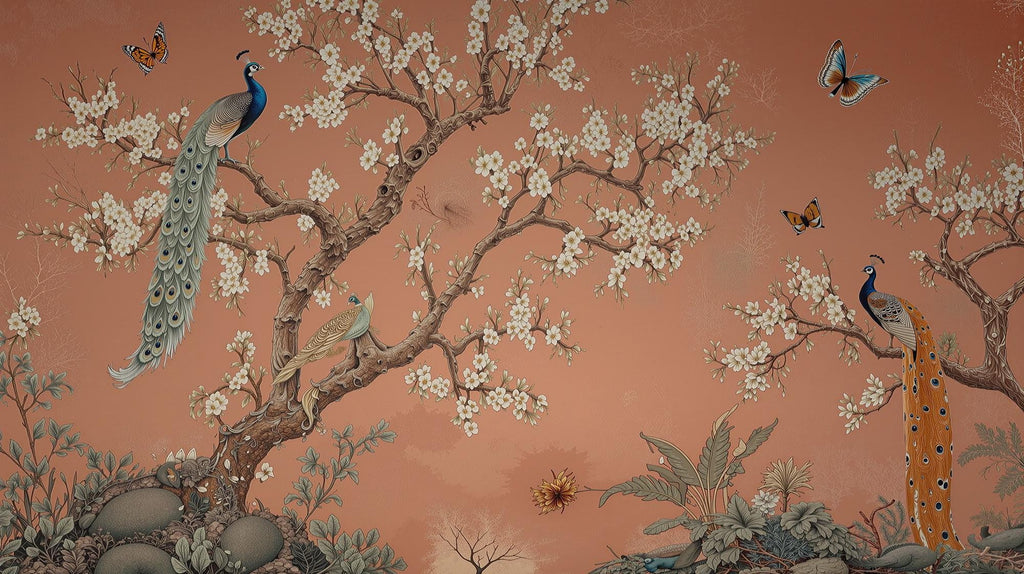 Chinoiserie Peacock Wallpaper: Terracotta Floral Peel and Stick Mural - View 6