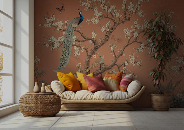 Chinoiserie Peacock Wallpaper: Terracotta Floral Peel and Stick Mural
