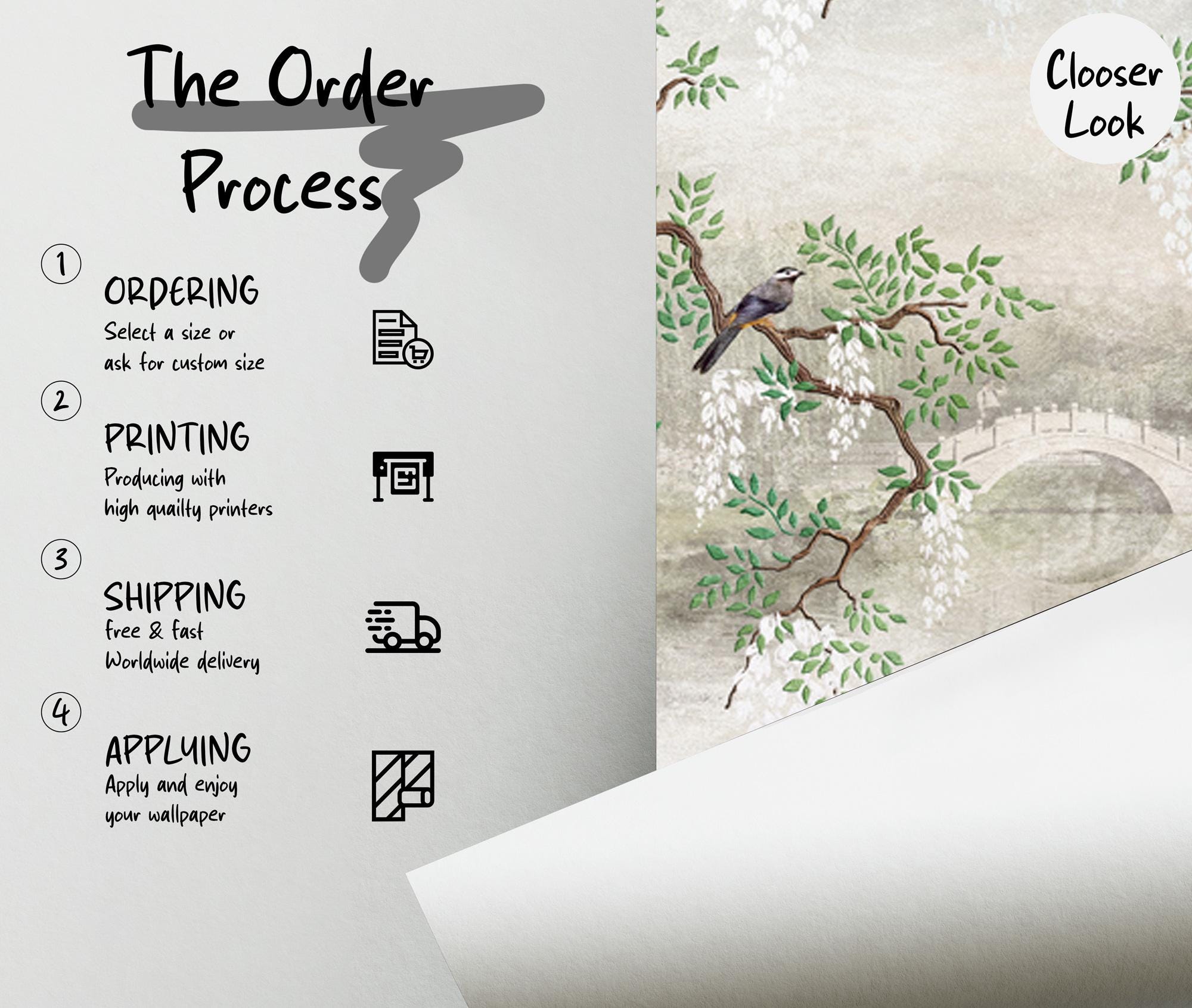 Chinoiserie Garden Wall Mural: Traditional Chinese Landscape Wallpaper, Peel and Stick Wall Art - View 5