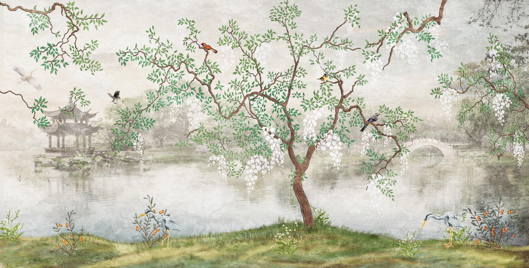 Chinoiserie Garden Wall Mural: Traditional Chinese Landscape Wallpaper, Peel and Stick Wall Art - View 6