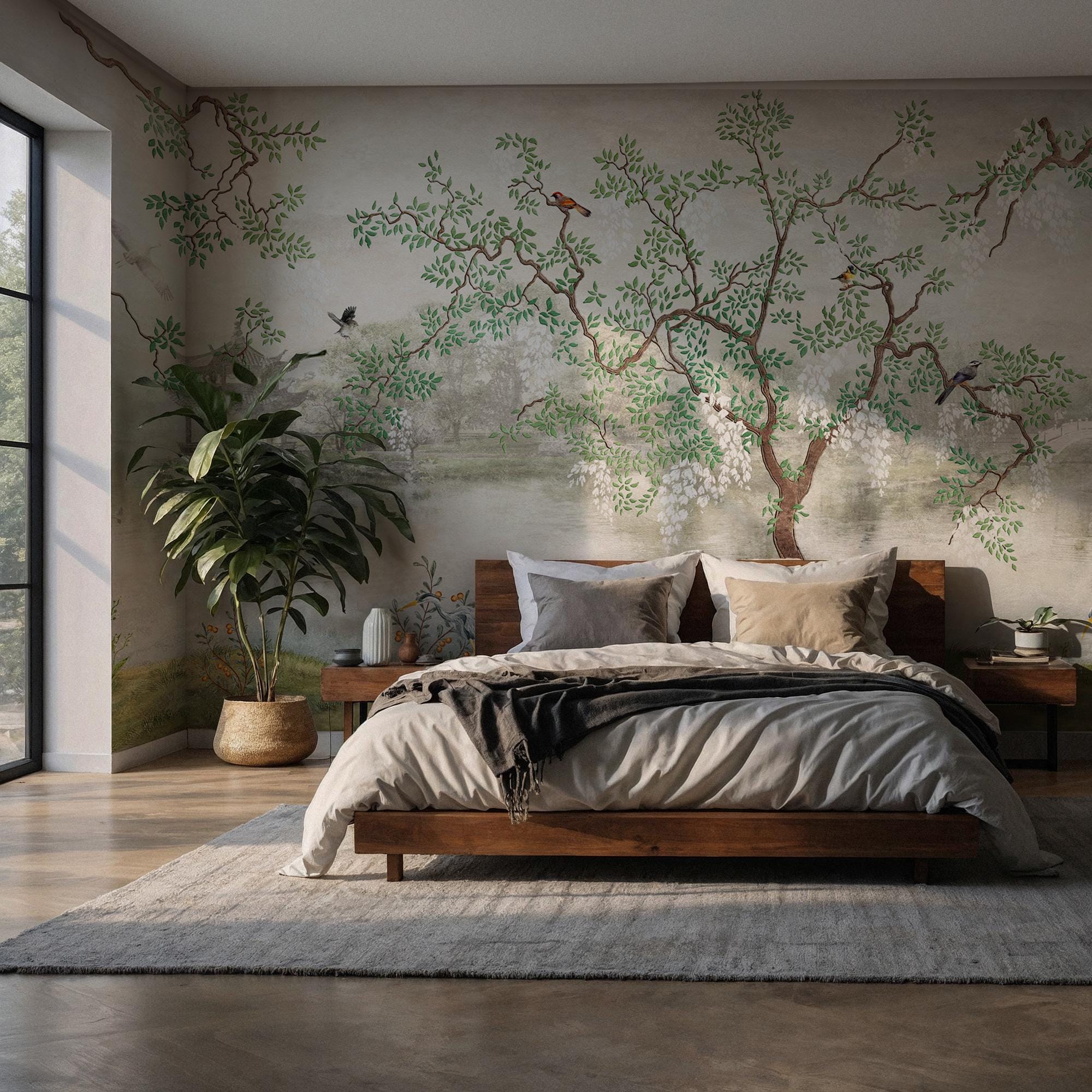 Chinoiserie Garden Wall Mural: Traditional Chinese Landscape Wallpaper, Peel and Stick Wall Art