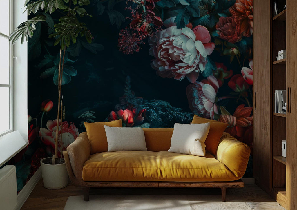 Dark Floral Wallpaper: Moody Peony Dahlia Botanical Wall Art (Peel and Stick) - View 4