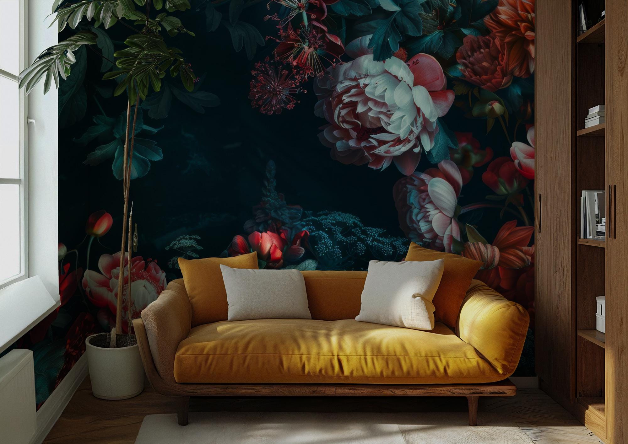 Dark Floral Wallpaper: Moody Peony Dahlia Botanical Wall Art (Peel and Stick) - View 4