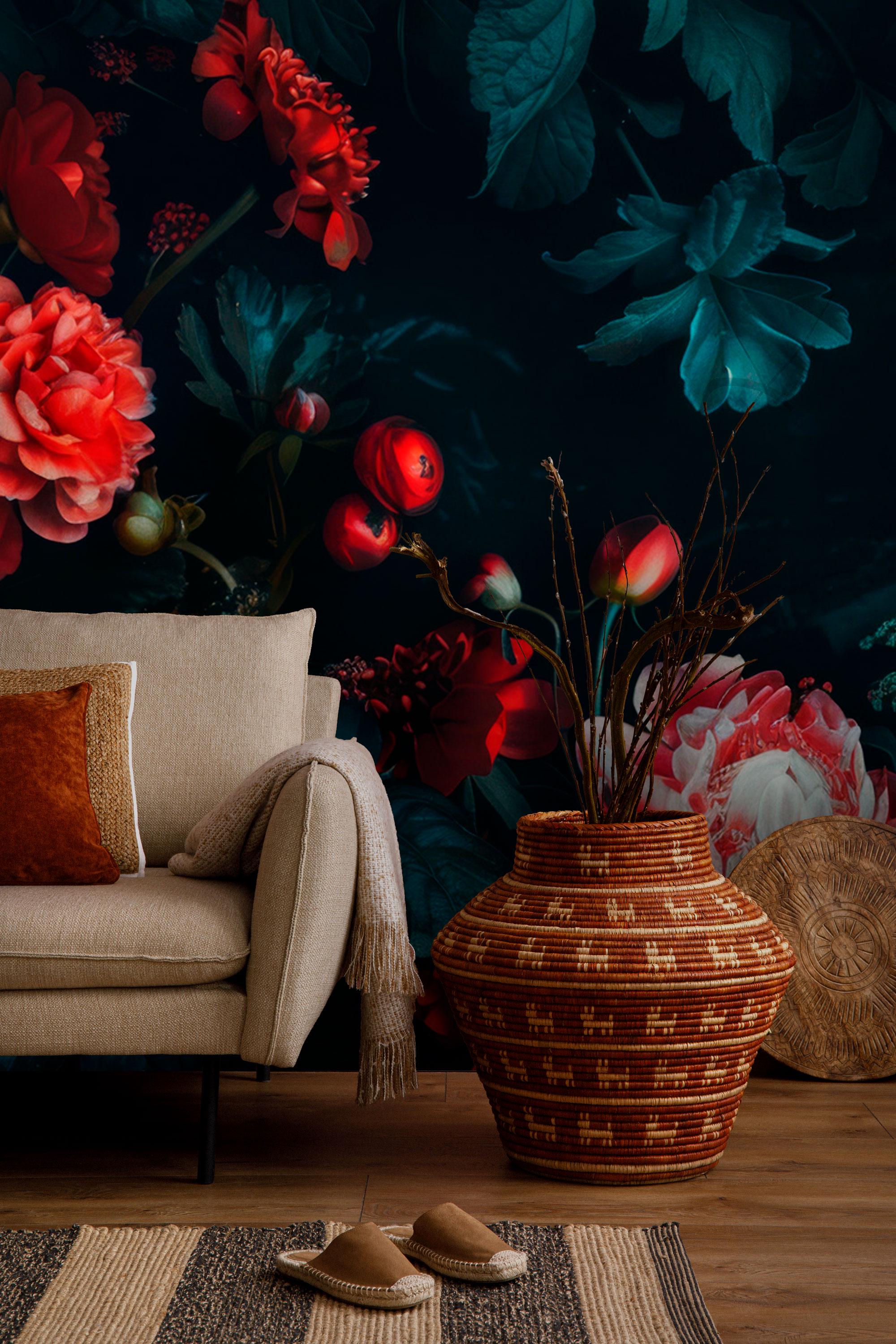 Dark Floral Wallpaper: Moody Peony Dahlia Botanical Wall Art (Peel and Stick) - View 3