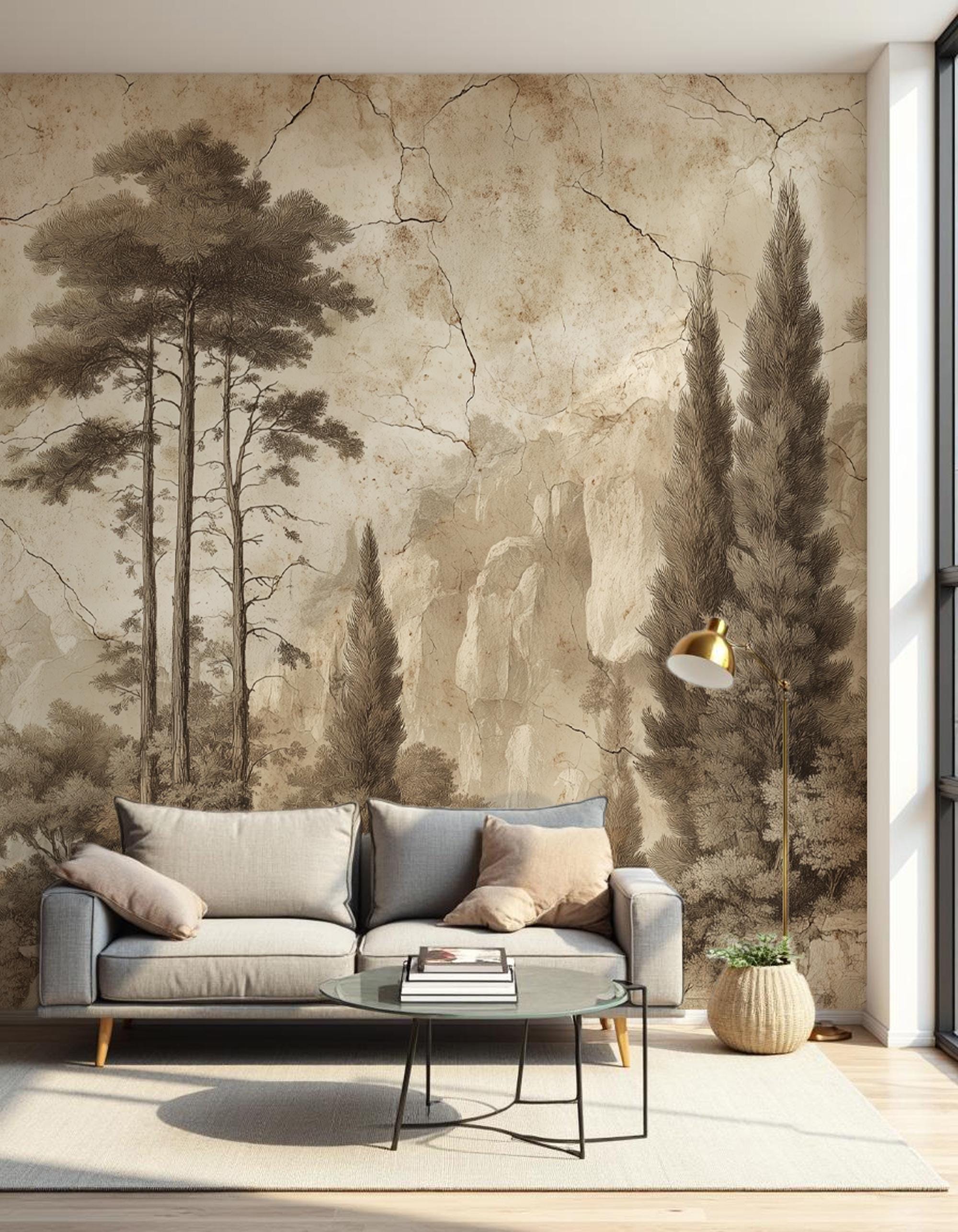 Vintage Sepia Wall Mural: Antique Landscape Peel and Stick Wallpaper, Textured Wall Art - View 4