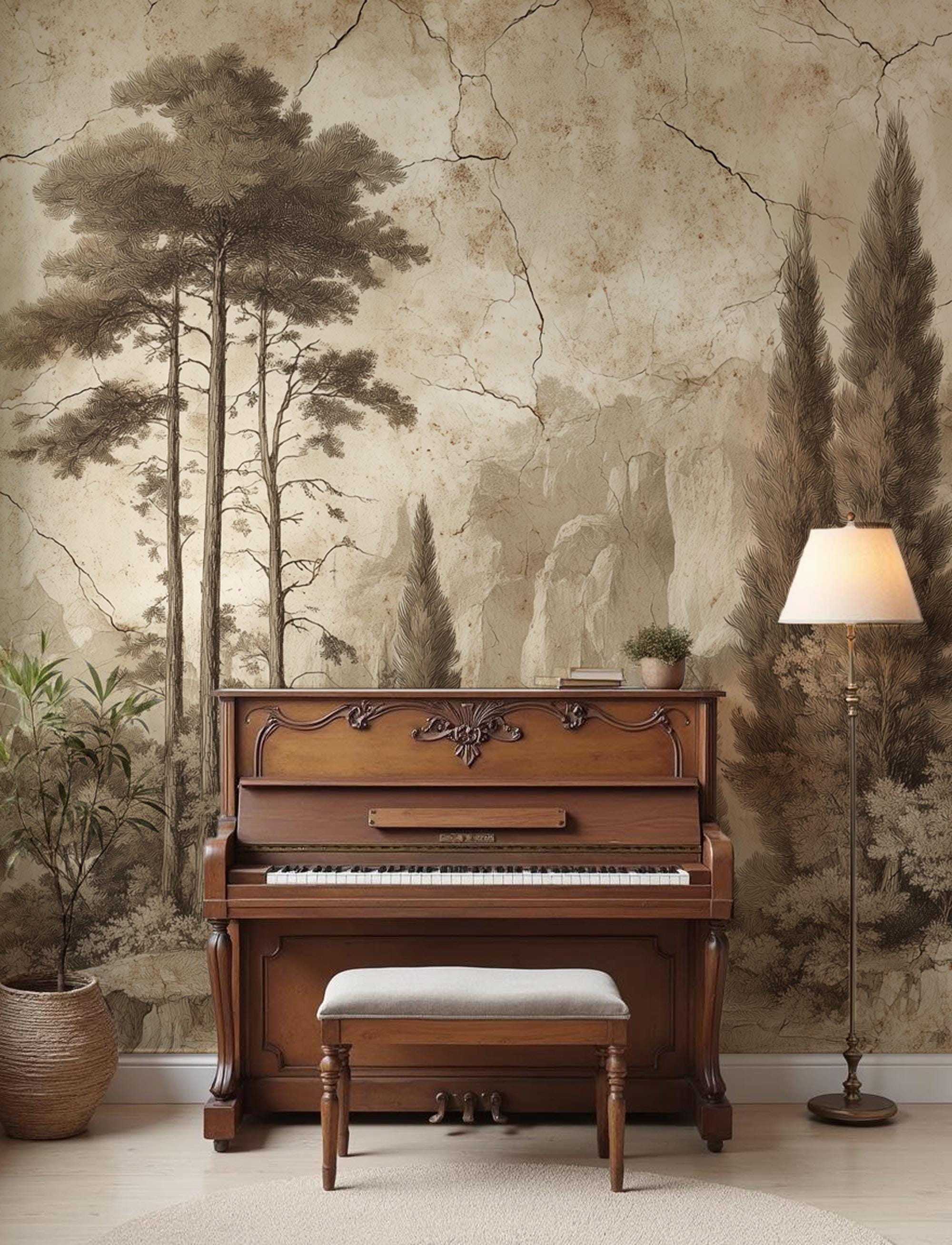 Vintage Sepia Wall Mural: Antique Landscape Peel and Stick Wallpaper, Textured Wall Art - View 3