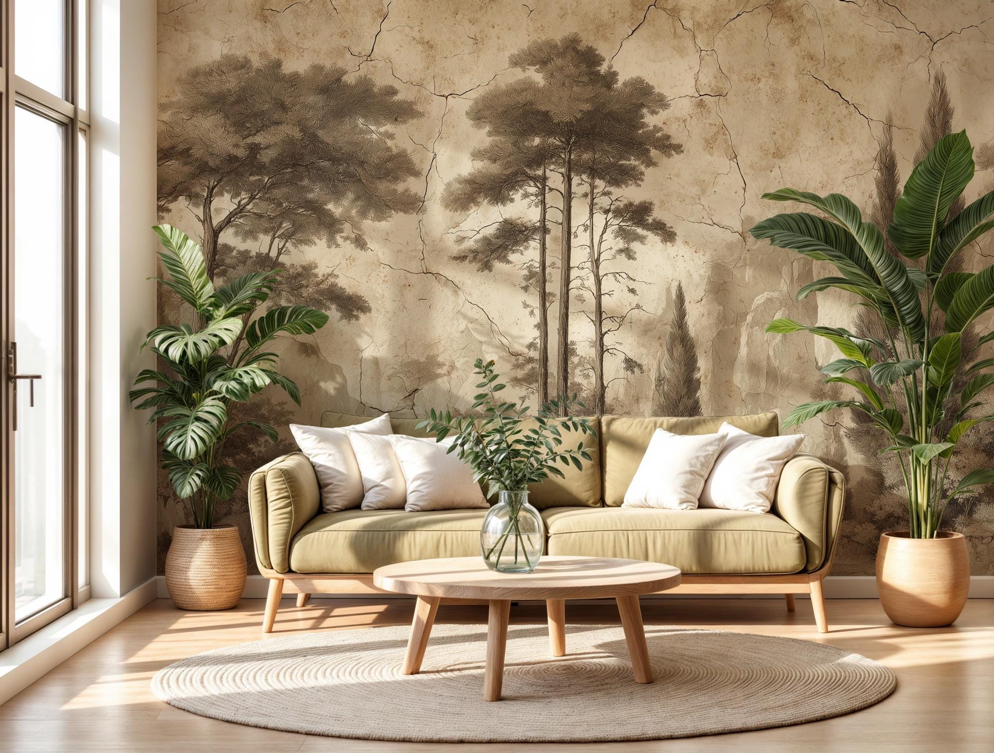 Vintage Sepia Wall Mural: Antique Landscape Peel and Stick Wallpaper, Textured Wall Art
