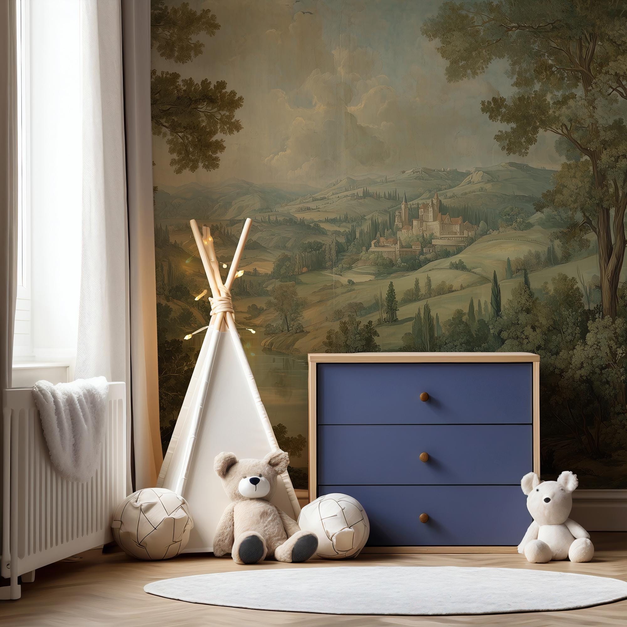 Scenic European Landscape Wall Mural: Vintage Painted Countryside Peel and Stick Wallpaper - View 4