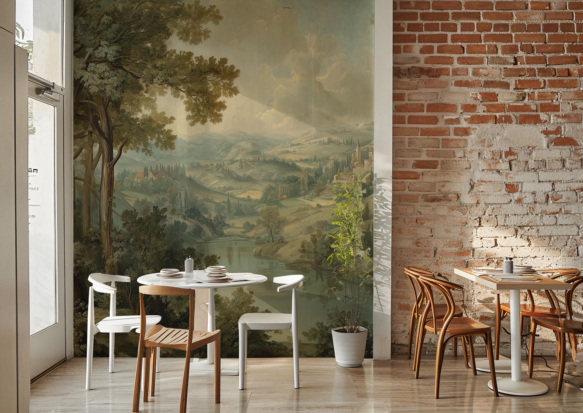 Scenic European Landscape Wall Mural: Vintage Painted Countryside Peel and Stick Wallpaper - View 3
