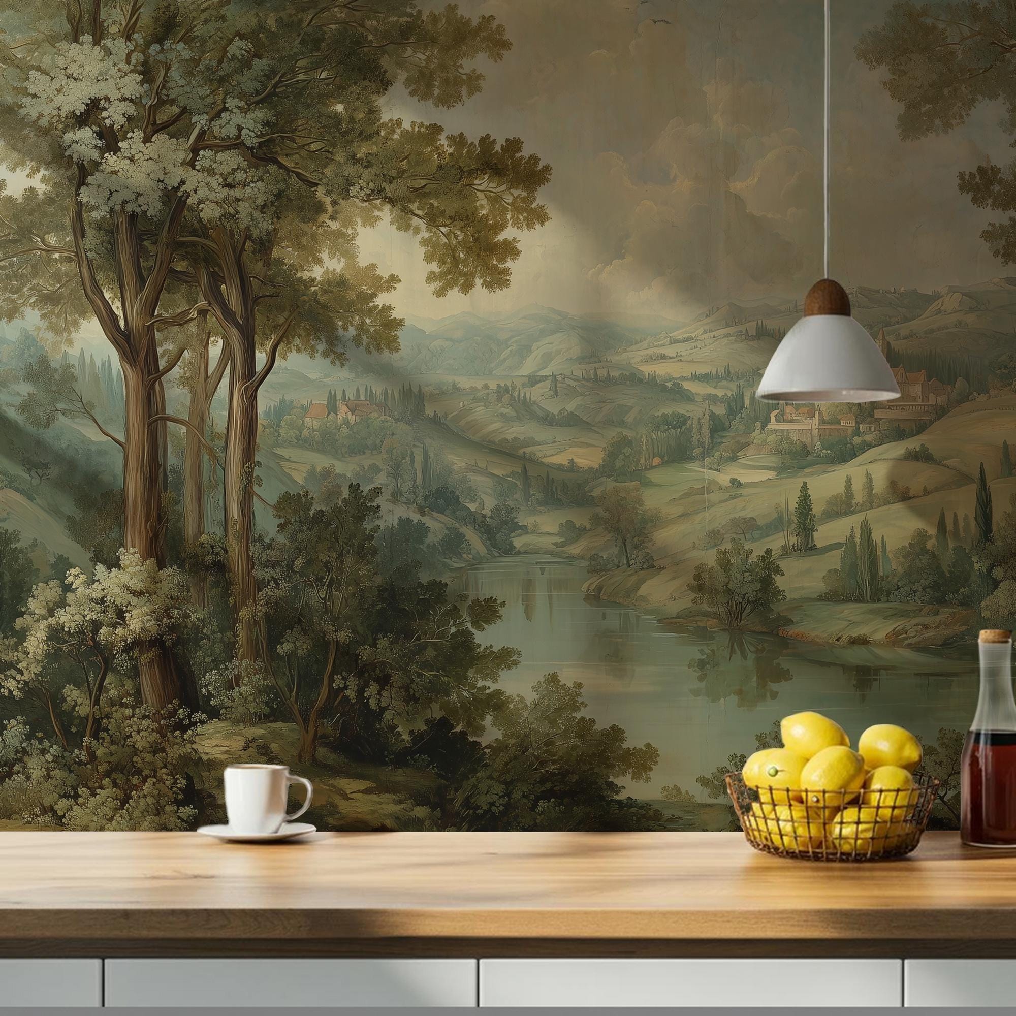 Scenic European Landscape Wall Mural: Vintage Painted Countryside Peel and Stick Wallpaper