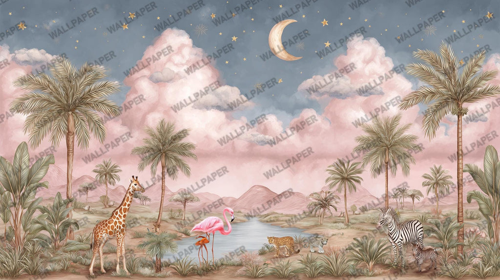 Jungle Safari Wallpaper Mural: Pink Sky, Exotic Animals - View 6