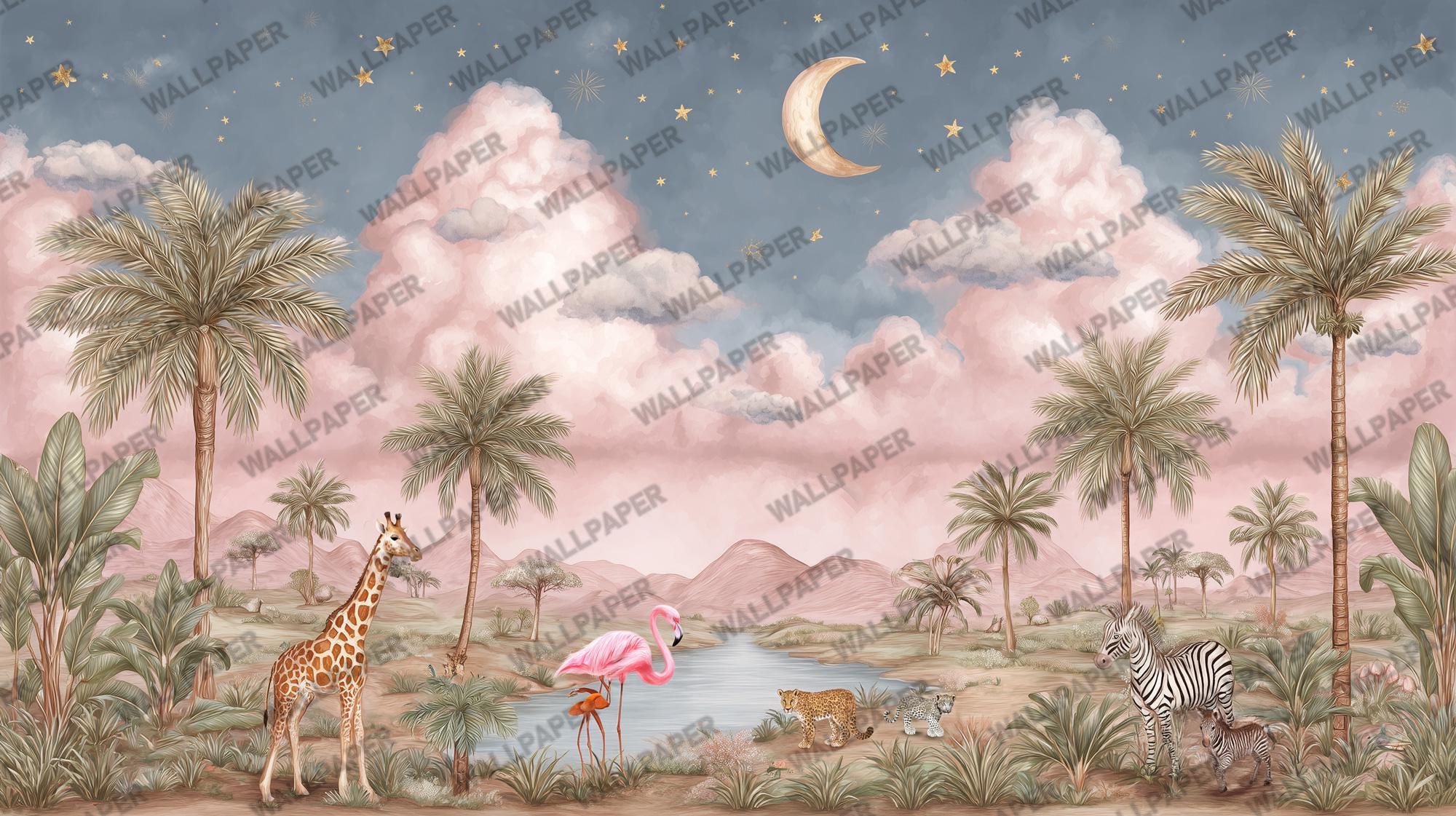 Jungle Safari Wallpaper Mural: Pink Sky, Exotic Animals - View 6