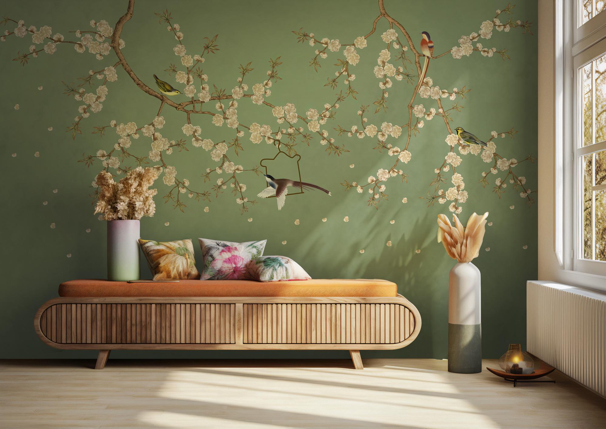 Vintage Chinoiserie Wall Mural: Birds & Floral Peel and Stick Wallpaper - View 4