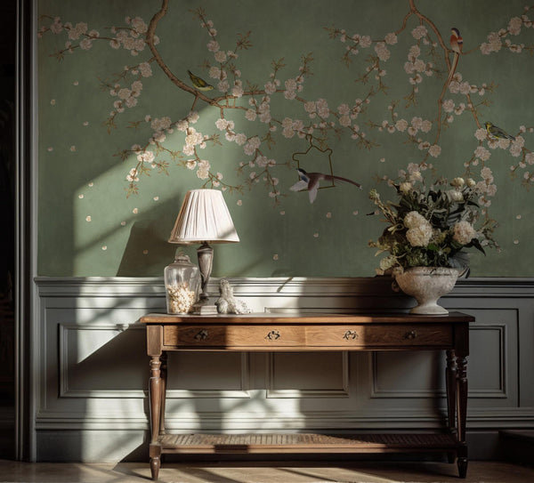 Vintage Chinoiserie Wall Mural: Birds & Floral Peel and Stick Wallpaper
