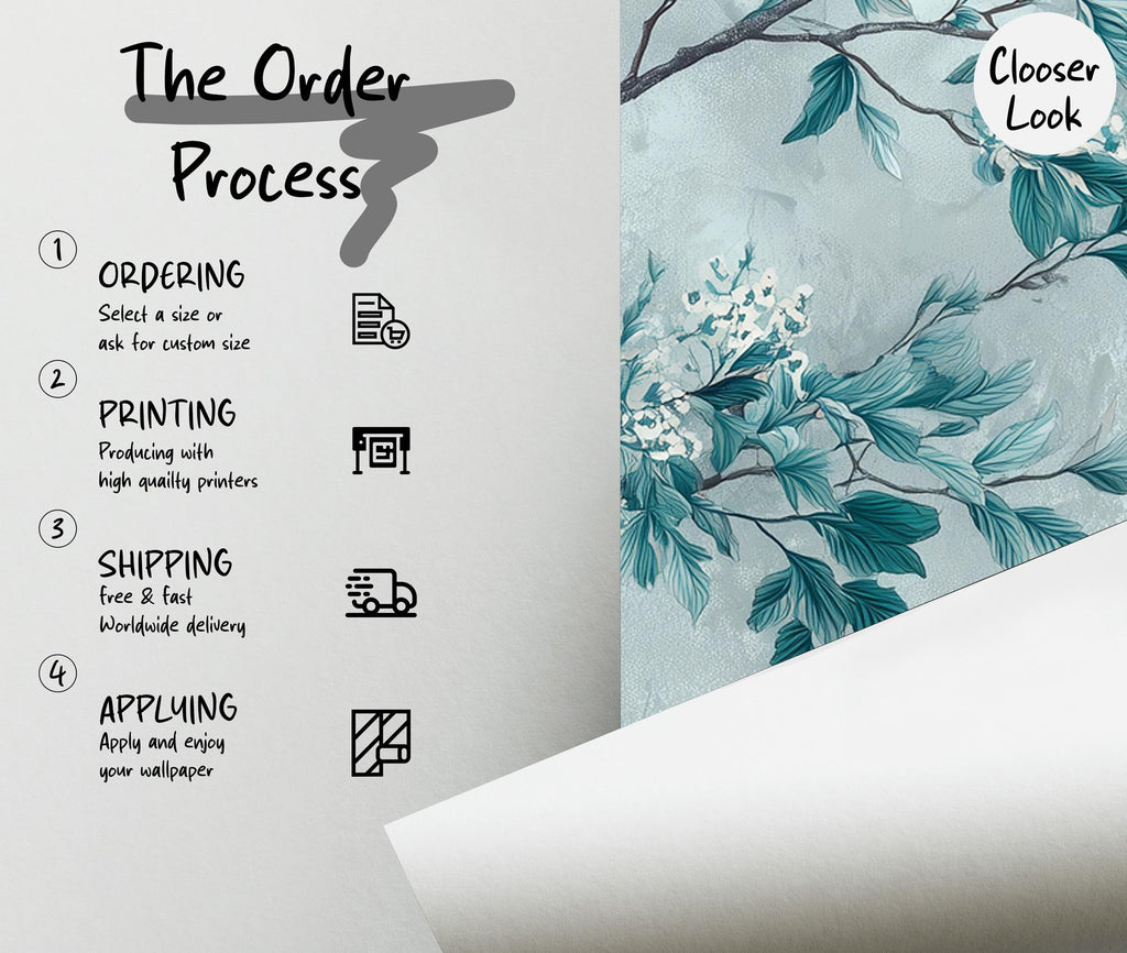 Teal Chinoiserie Wallpaper Mural: Botanical Floral Peel and Stick Wall Mural - View 5
