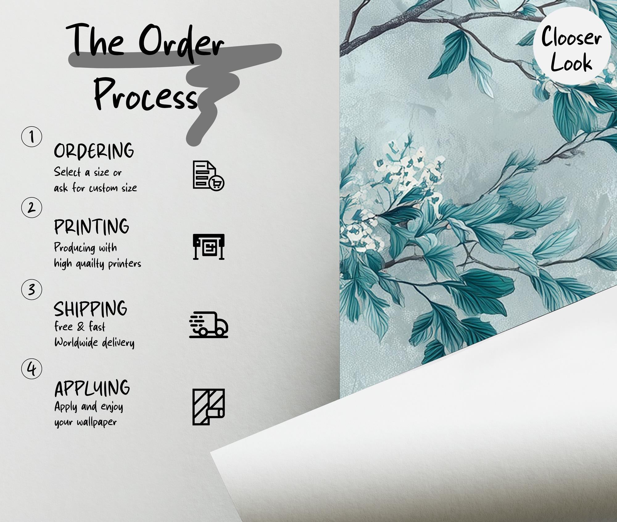 Teal Chinoiserie Wallpaper Mural: Botanical Floral Peel and Stick Wall Mural - View 5
