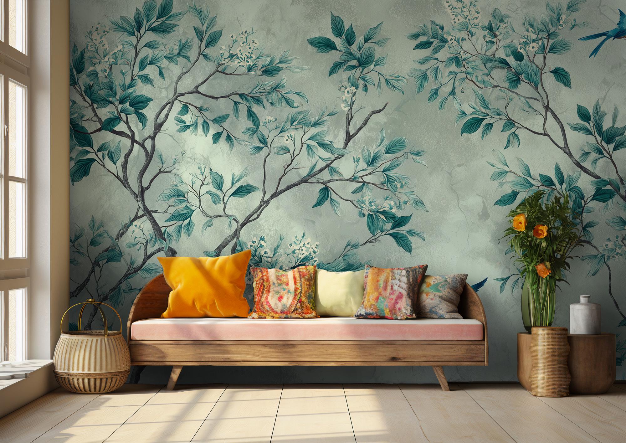 Teal Chinoiserie Wallpaper Mural: Botanical Floral Peel and Stick Wall Mural - View 3