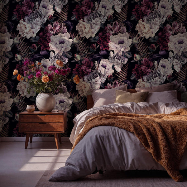 Elegant Burgundy Peony Wallpaper: Vintage Dark Floral Peel and Stick Wall Mural