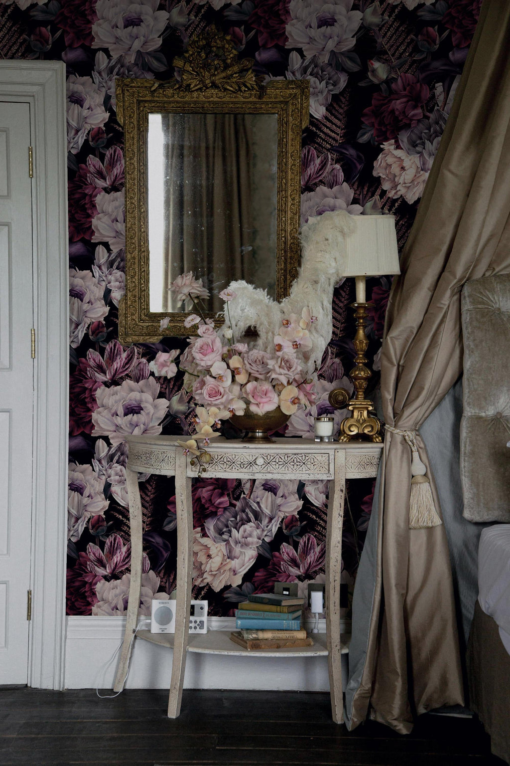 Elegant Burgundy Peony Wallpaper: Vintage Dark Floral Peel and Stick Wall Mural - View 2