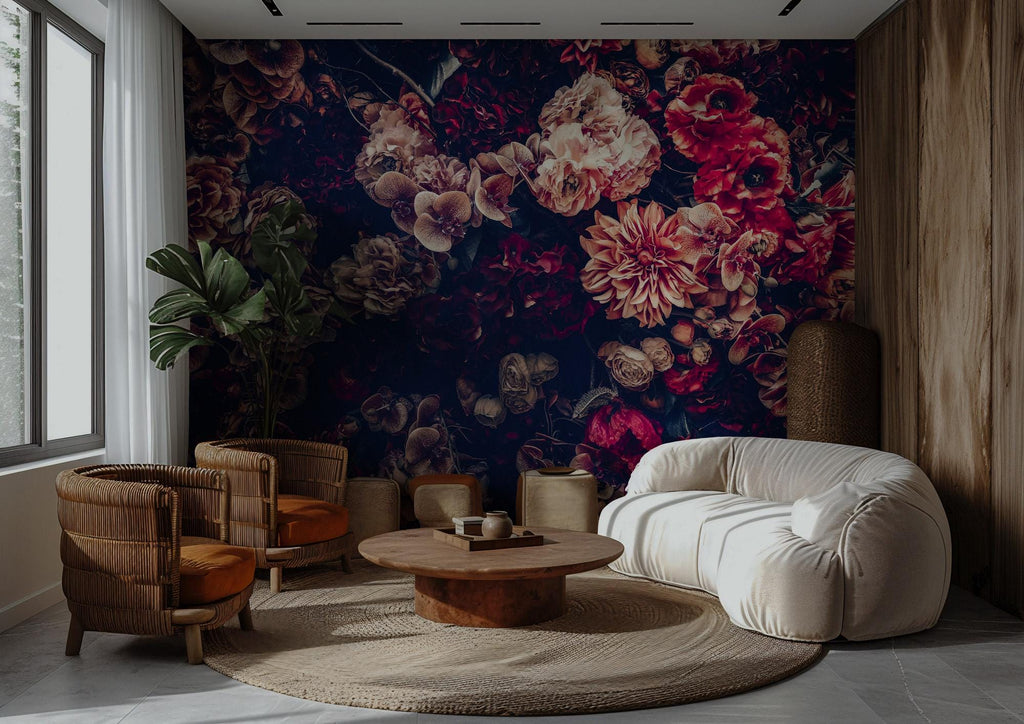 Dark Vintage Peony Wall Mural: Moody Burgundy Floral Peel and Stick Wallpaper - View 3