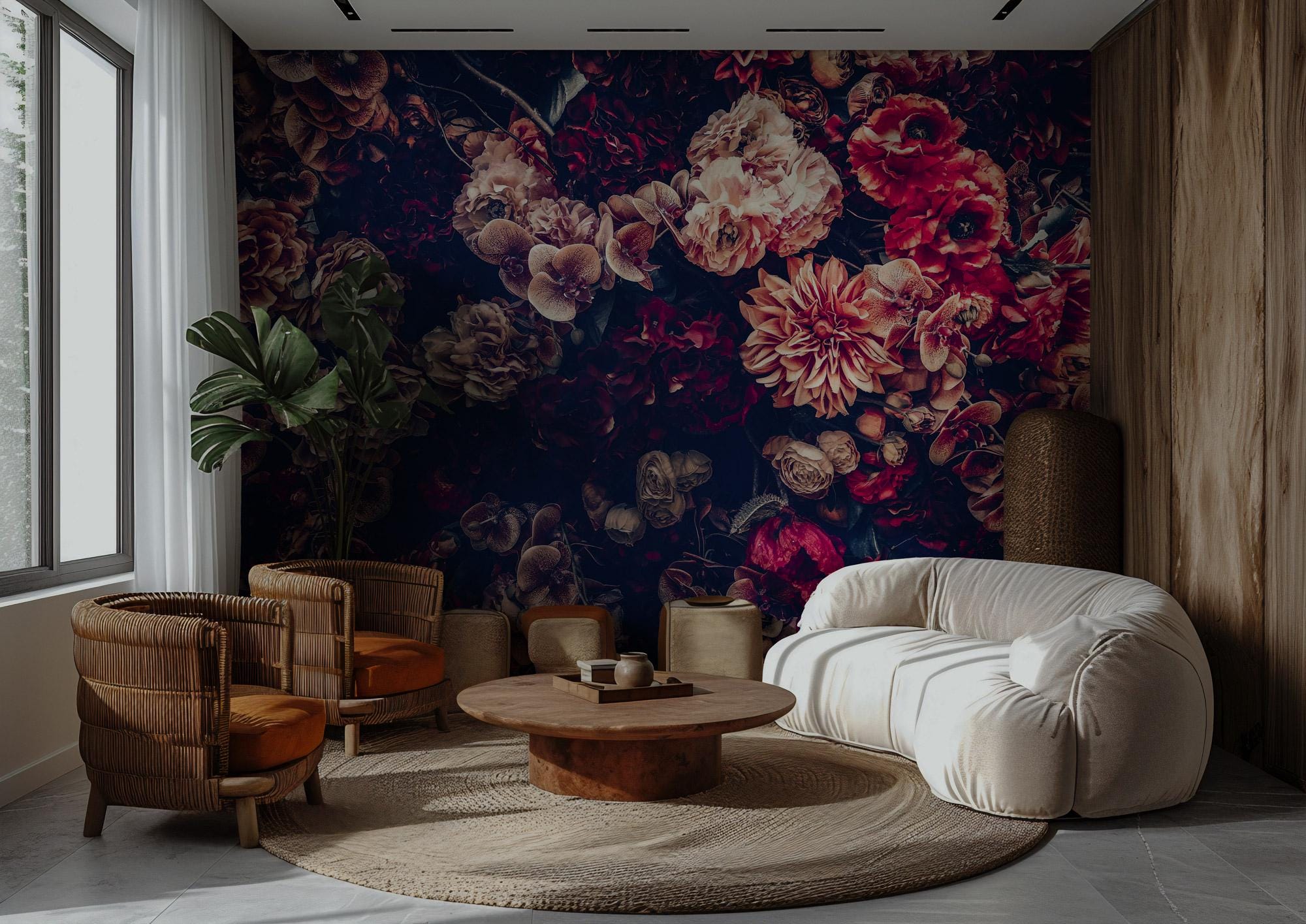Dark Vintage Peony Wall Mural: Moody Burgundy Floral Peel and Stick Wallpaper - View 3