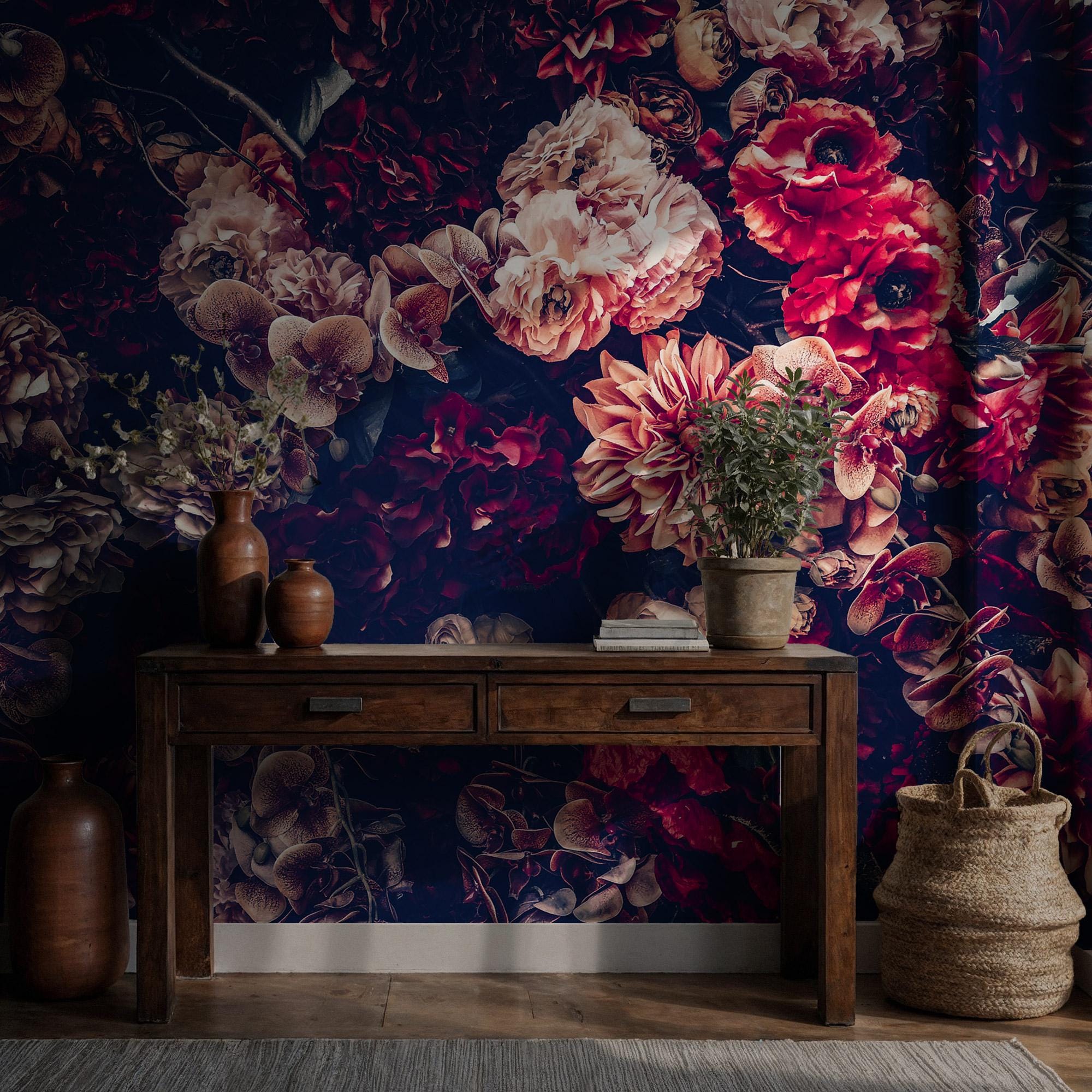 Dark Vintage Peony Wall Mural: Moody Burgundy Floral Peel and Stick Wallpaper