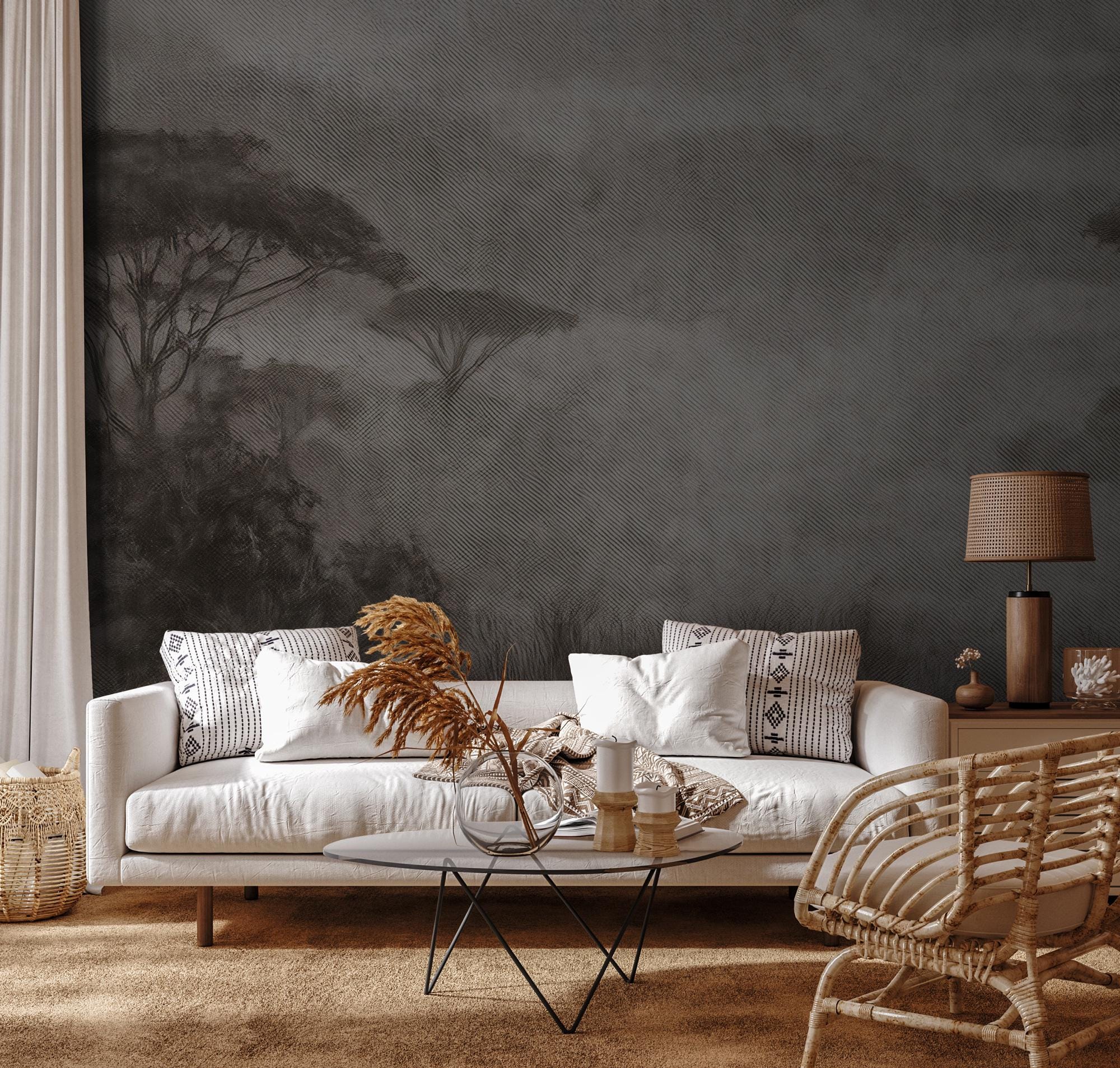 Misty Forest Wallpaper: Sepia Nature Scene, Peel and Stick Wall Mural - View 4